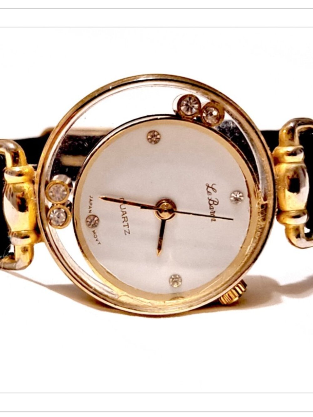 Le Baron Quartz Ladies Watch Gold Tone Floating Rhinestone Bezel Black Leather B